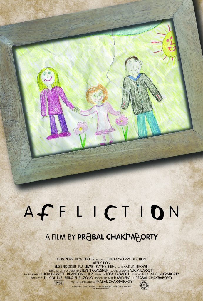 The Mavo film Affliction. Poster: framed child's drawing of family; title, credits below.