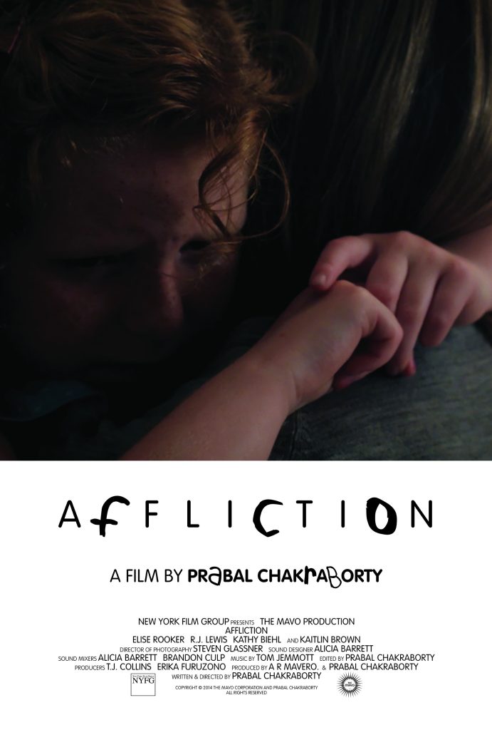 The Mavo film Affliction. Poster: sad young girl embracing mother; title, credits below.
