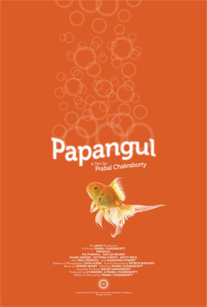 The Mavo film Papangul. Poster: goldfish, stylized bubbles, orange background; title centered, credits at bottom.