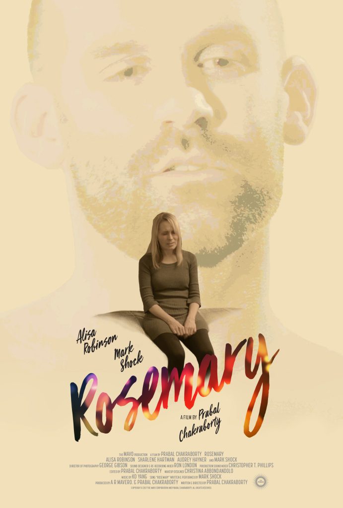 The Mavo film Rosemary. Poster: melancholy woman, faded contemplative man looms in background; title, credits below.