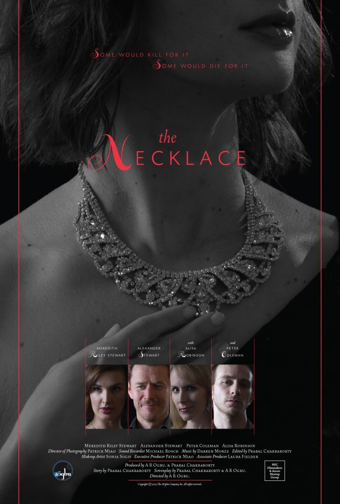The Mavo film The Necklace. Poster: looming woman touches necklace; title above; cast, credits below.