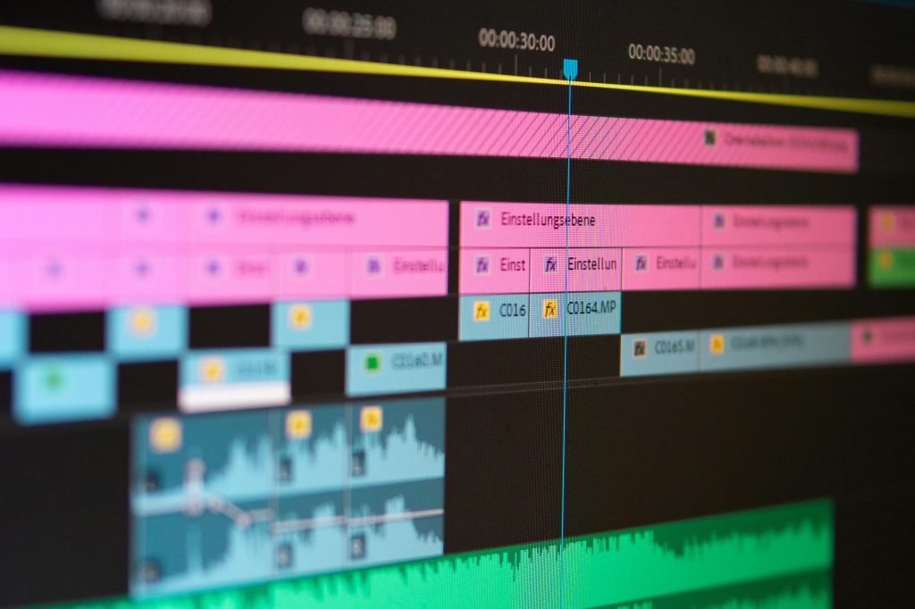 Interface (sequence timeline) of editing software; shallow focus. Color.