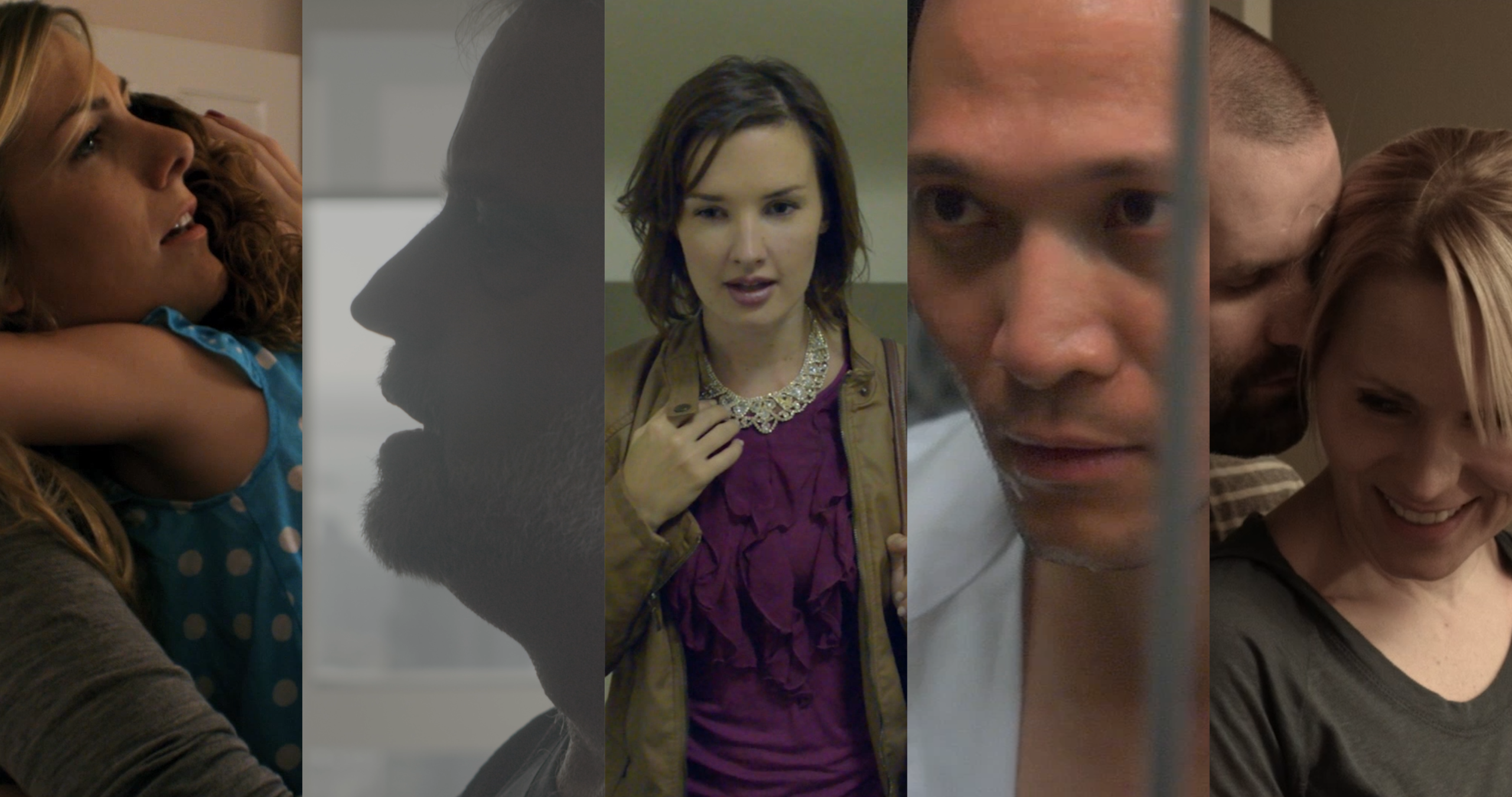 Five-strip collage of films. From left: Papangul; Meditation Intelligence; The Necklace; Consequence; Rosemary. Color.